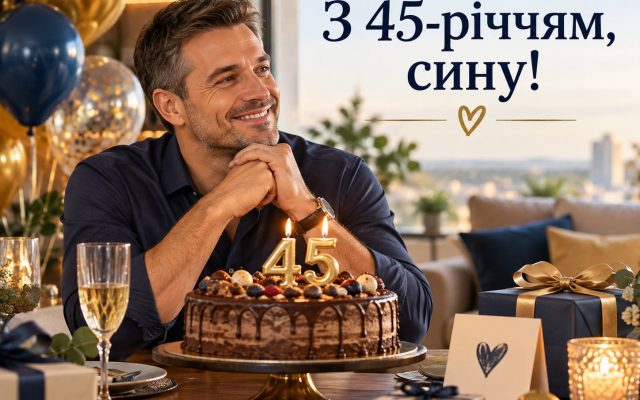 Гарні привітання з 45-річчям мужчині у прозі — сину 45 років від мами й батька, листівка, відкритка сину
