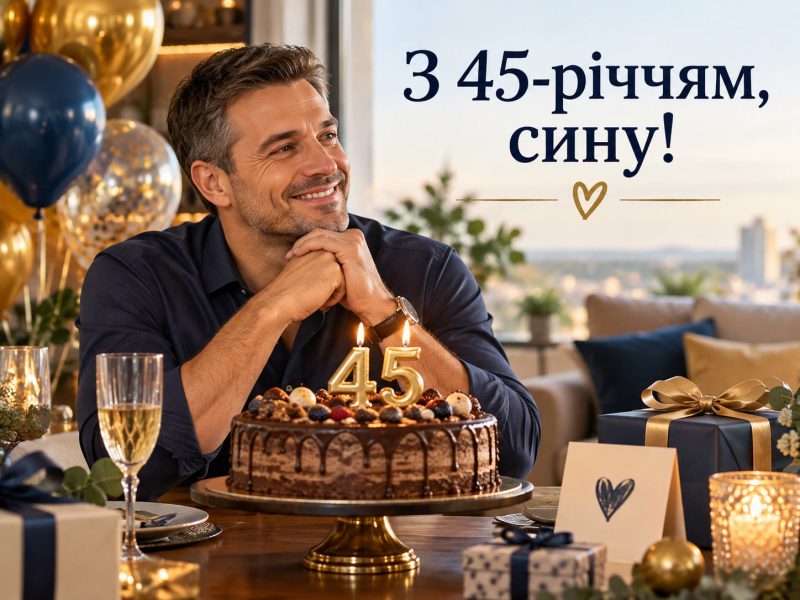 Гарні привітання з 45-річчям мужчині у прозі — сину 45 років від мами й батька, листівка, відкритка сину