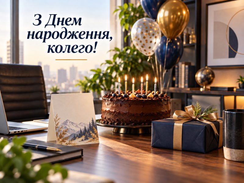 Кращі привітання з днем народження колезі чоловіку у прозі українською — від колективу, листівка, з гумором