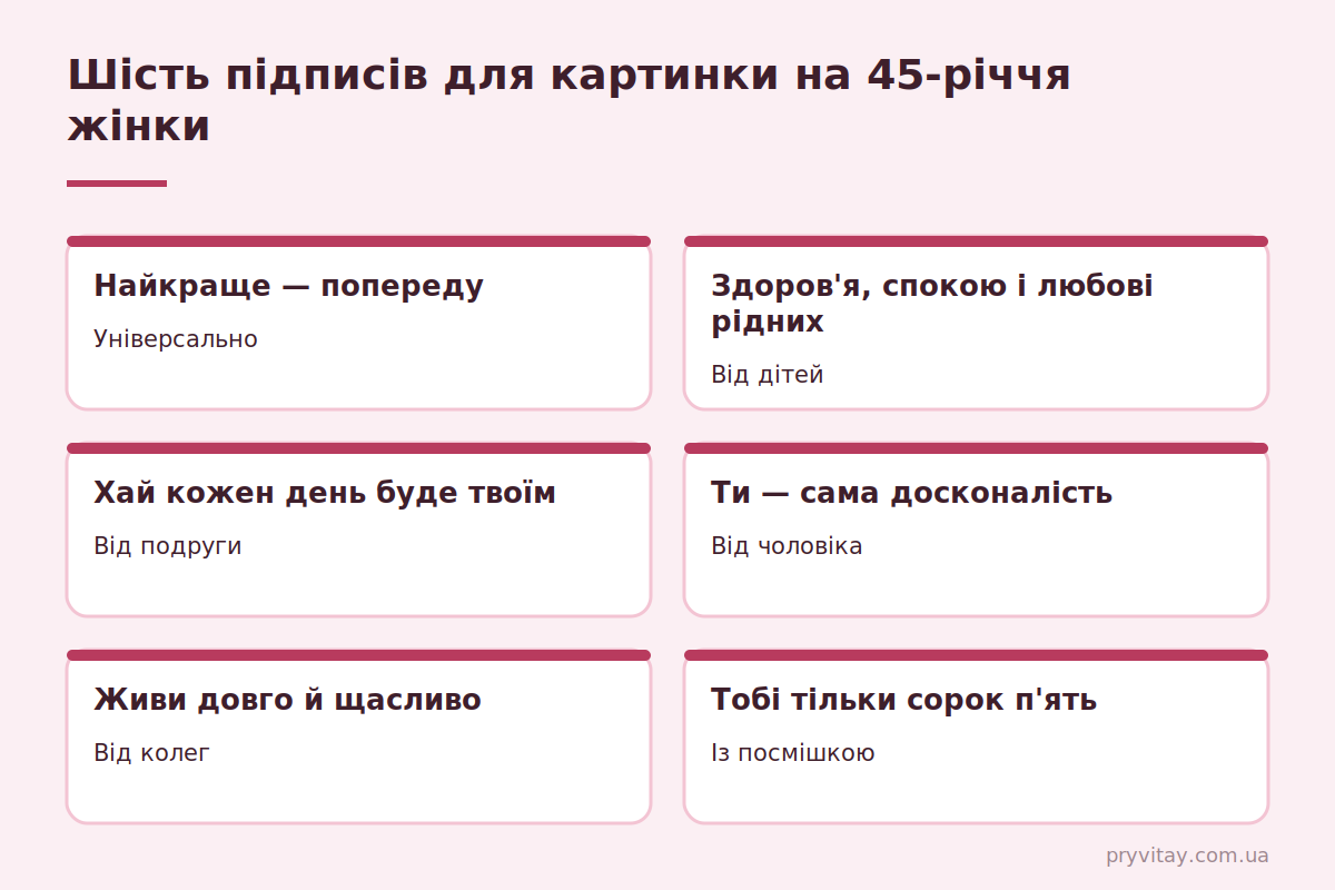 Привітання з 45-річчям жінці: тексти для картинки 45 років жінці: 6 підписів для картинки й листівки