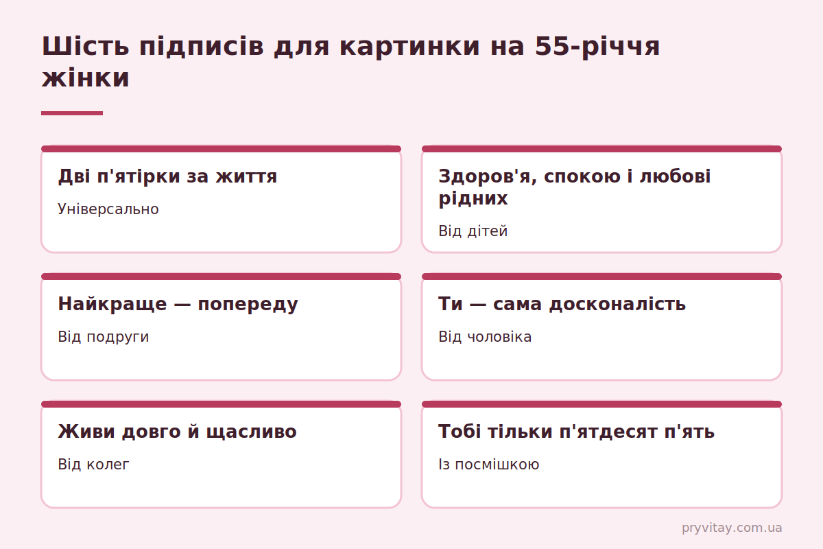 Привітання з 55-річчям жінці: тексти для картинки Картинка з ювілеєм 55 років жінці: 6 підписів